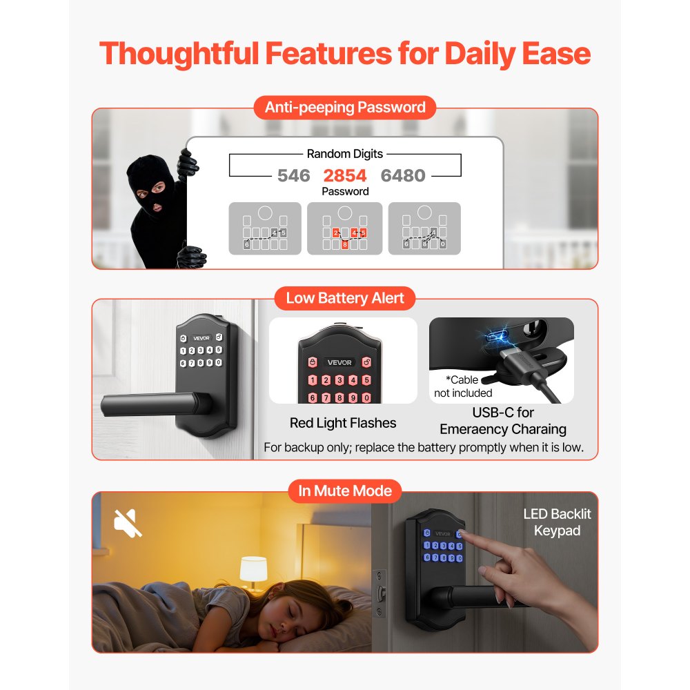 VEVOR Keyless Entry Door Lock with Handle, Electronic Lever Door Handle with Keypad, Customizable User Codes, Keyed Entry, Auto Lock, Anti-Peeking Password, Backlit Keypad, for Home, Matte Black