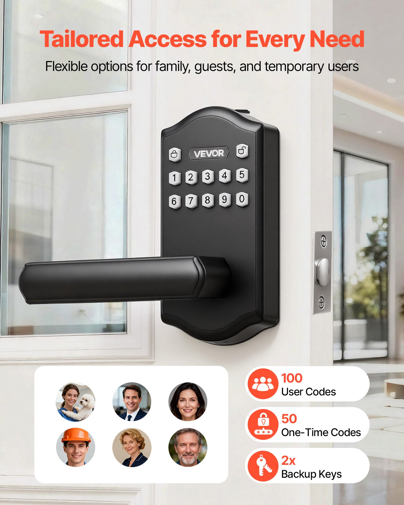 VEVOR Keyless Entry Door Lock with Handle, Electronic Lever Door Handle with Keypad, Customizable User Codes, Keyed Entry, Auto Lock, Anti-Peeking Password, Backlit Keypad, for Home, Matte Black