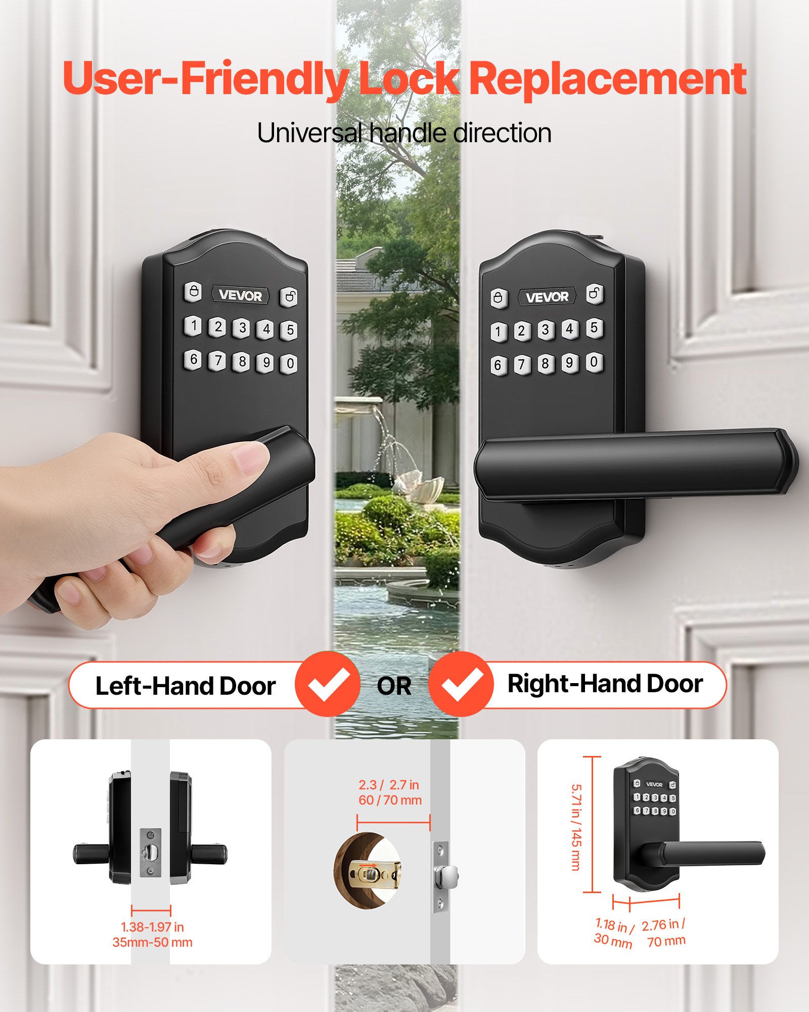 VEVOR Keyless Entry Door Lock with Handle, Electronic Lever Door Handle with Keypad, Customizable User Codes, Keyed Entry, Auto Lock, Anti-Peeking Password, Backlit Keypad, for Home, Matte Black