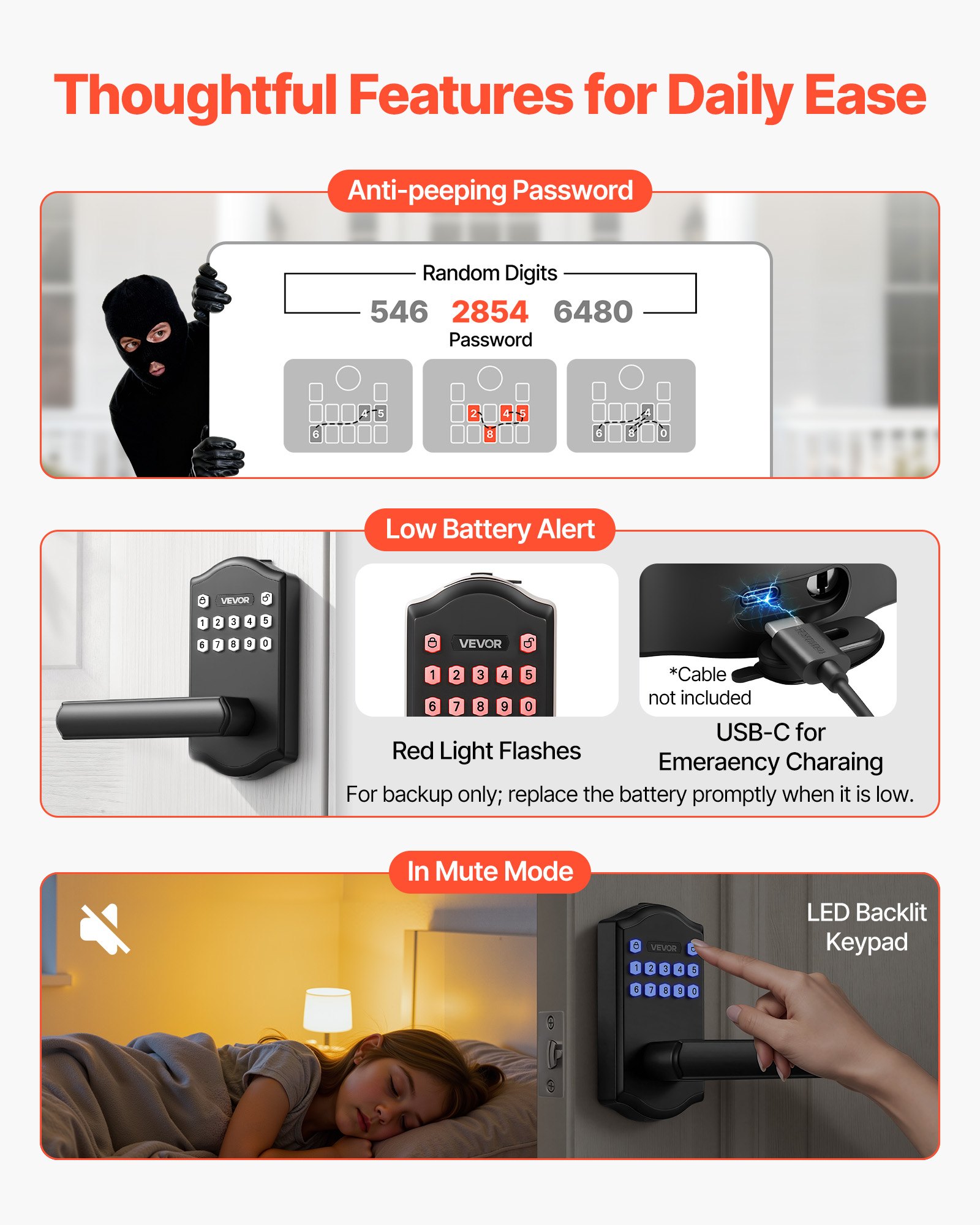 VEVOR Keyless Entry Door Lock with Handle, Electronic Lever Door Handle with Keypad, Customizable User Codes, Keyed Entry, Auto Lock, Anti-Peeking Password, Backlit Keypad, for Home, Matte Black