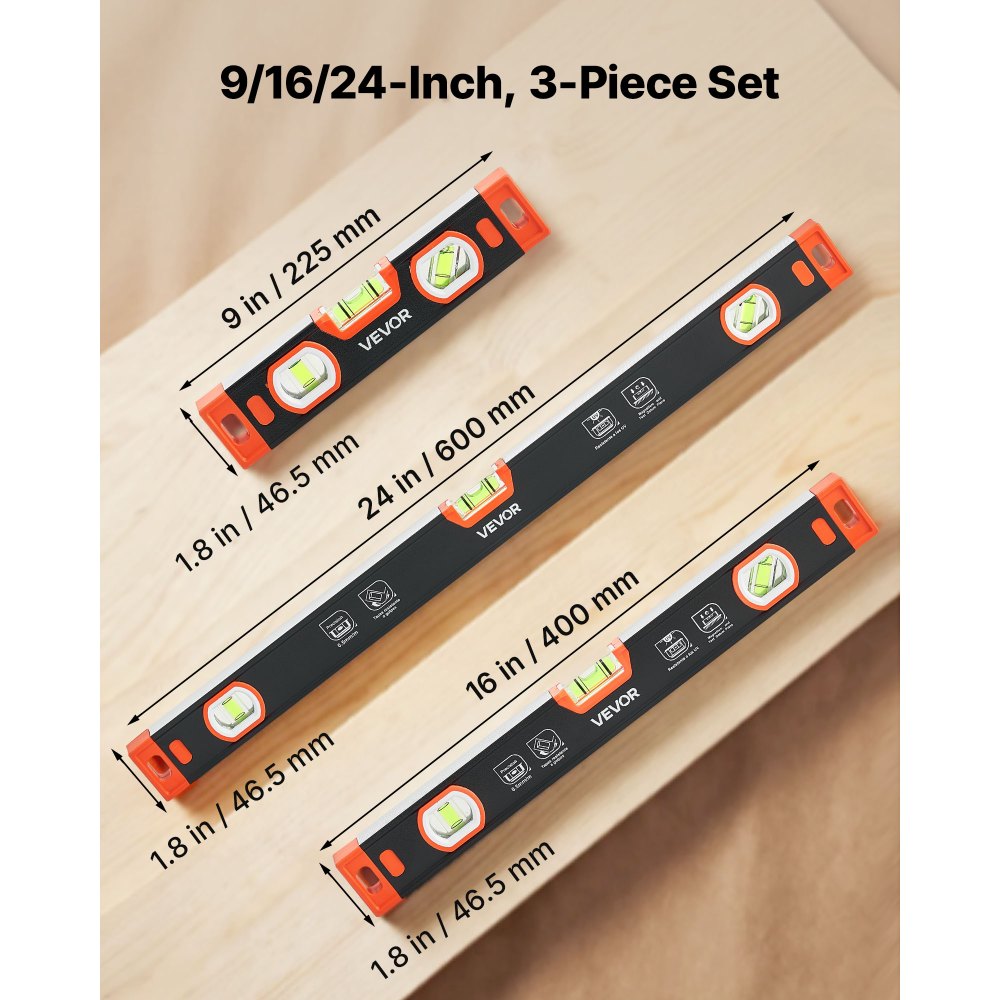 VEVOR Torpedo Level, 3-Piece (225/400/600 mm), Magnetic Leveler Tool Set Aluminum Alloy, with Clear 3 Green Vials, V-Groove, Hanging Hole, Multi-angle Measurement for Construction Home Renovation