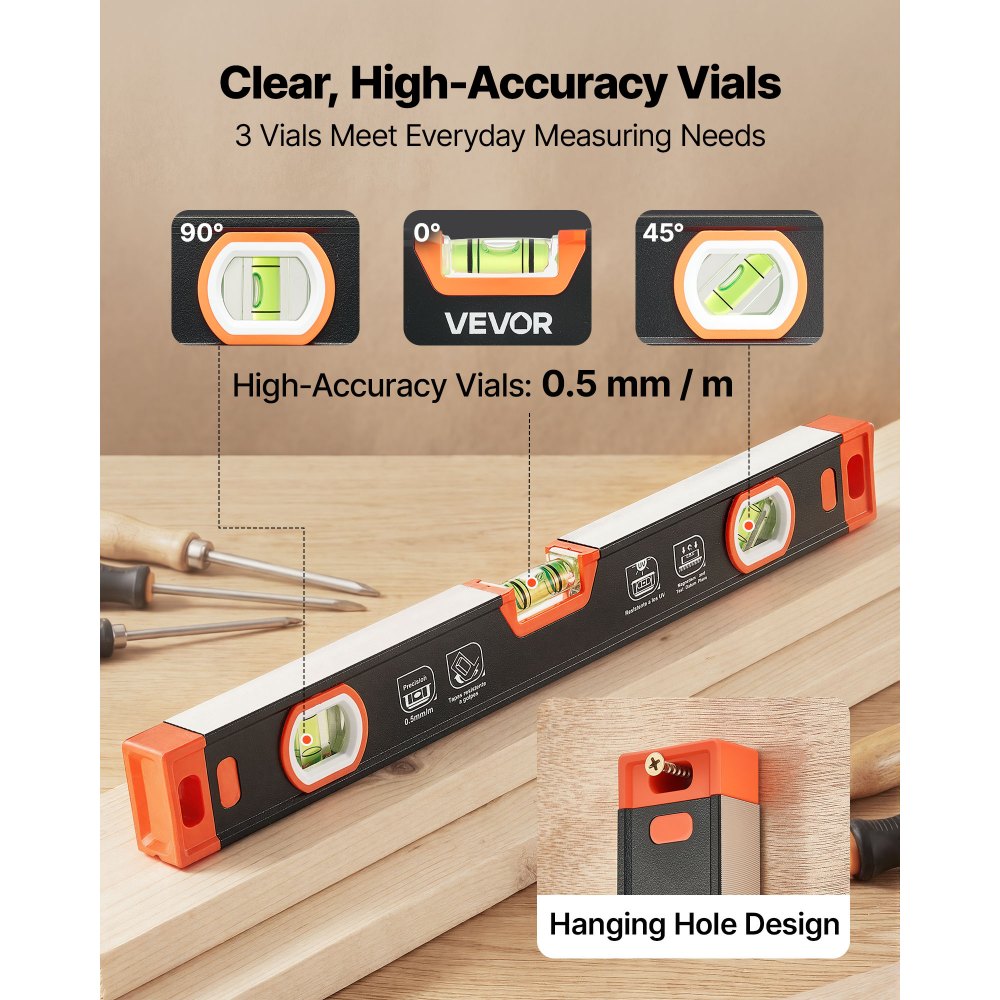 VEVOR Torpedo Level, 3-Piece (225/400/600 mm), Magnetic Leveler Tool Set Aluminum Alloy, with Clear 3 Green Vials, V-Groove, Hanging Hole, Multi-angle Measurement for Construction Home Renovation