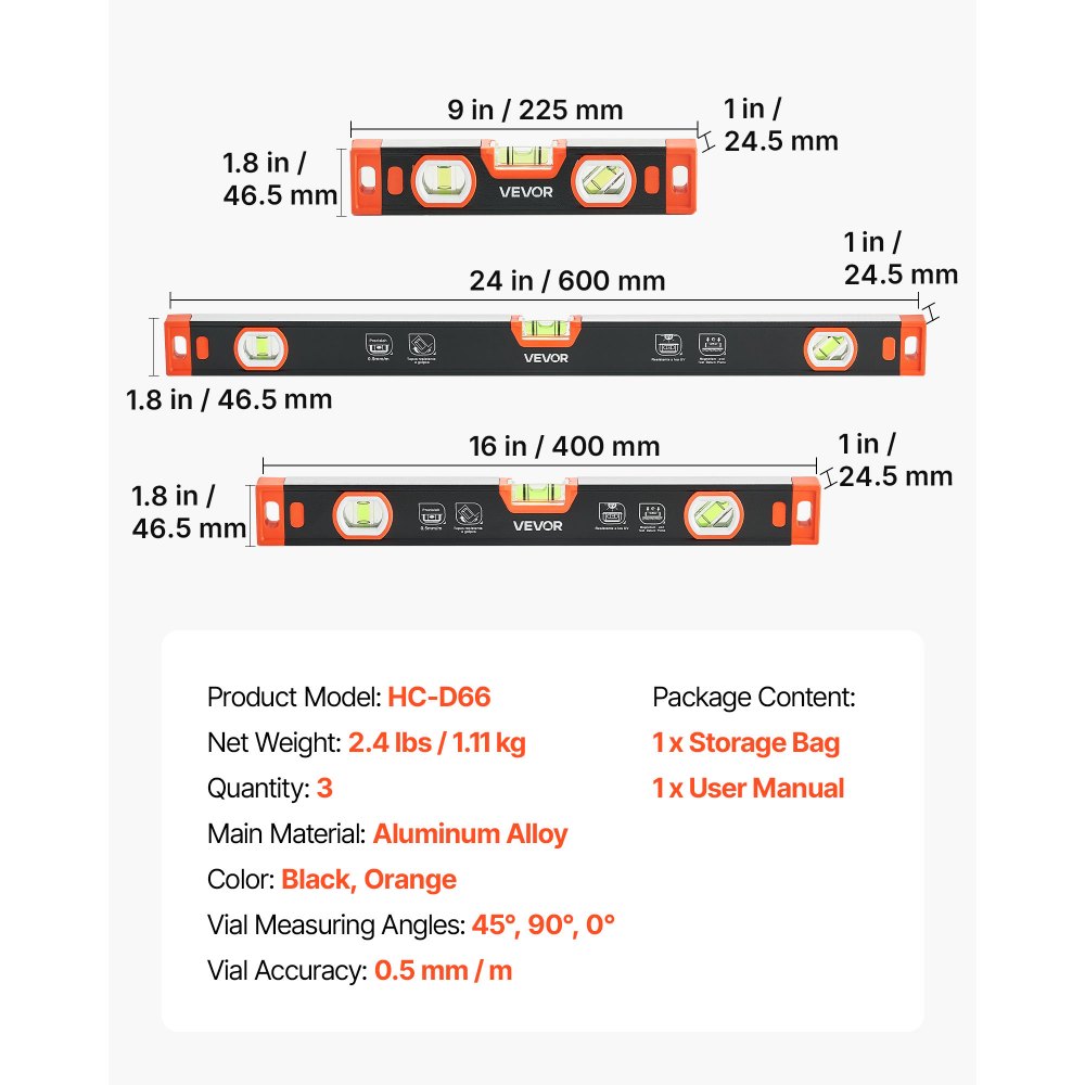 VEVOR Torpedo Level, 3-Piece (225/400/600 mm), Magnetic Leveler Tool Set Aluminum Alloy, with Clear 3 Green Vials, V-Groove, Hanging Hole, Multi-angle Measurement for Construction Home Renovation