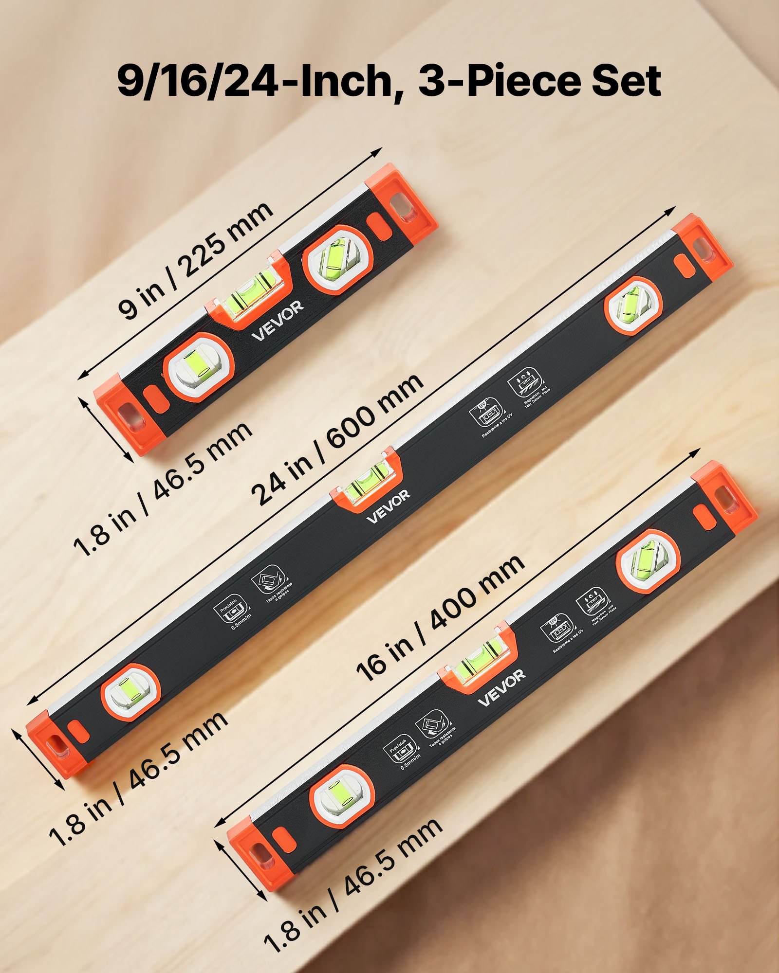VEVOR Torpedo Level, 3-Piece (225/400/600 mm), Magnetic Leveler Tool Set Aluminum Alloy, with Clear 3 Green Vials, V-Groove, Hanging Hole, Multi-angle Measurement for Construction Home Renovation