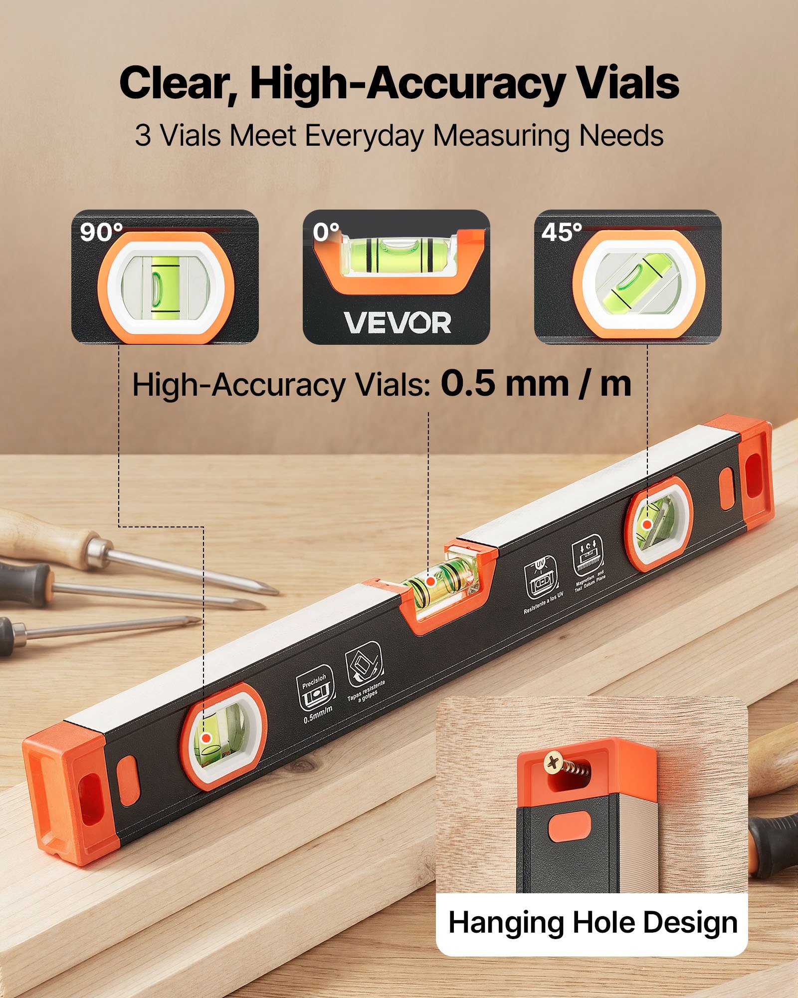 VEVOR Torpedo Level, 3-Piece (225/400/600 mm), Magnetic Leveler Tool Set Aluminum Alloy, with Clear 3 Green Vials, V-Groove, Hanging Hole, Multi-angle Measurement for Construction Home Renovation
