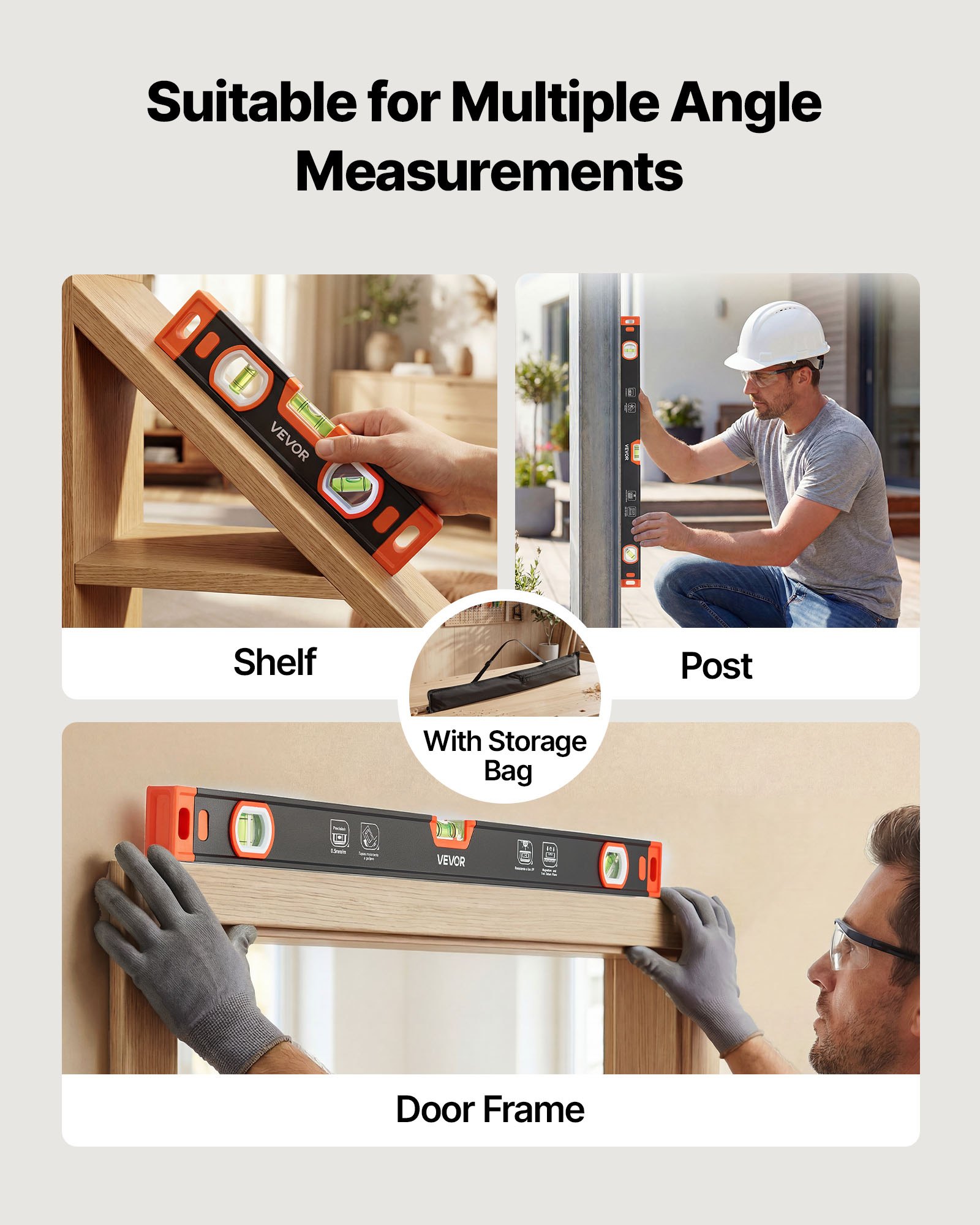 VEVOR Torpedo Level, 3-Piece (225/400/600 mm), Magnetic Leveler Tool Set Aluminum Alloy, with Clear 3 Green Vials, V-Groove, Hanging Hole, Multi-angle Measurement for Construction Home Renovation