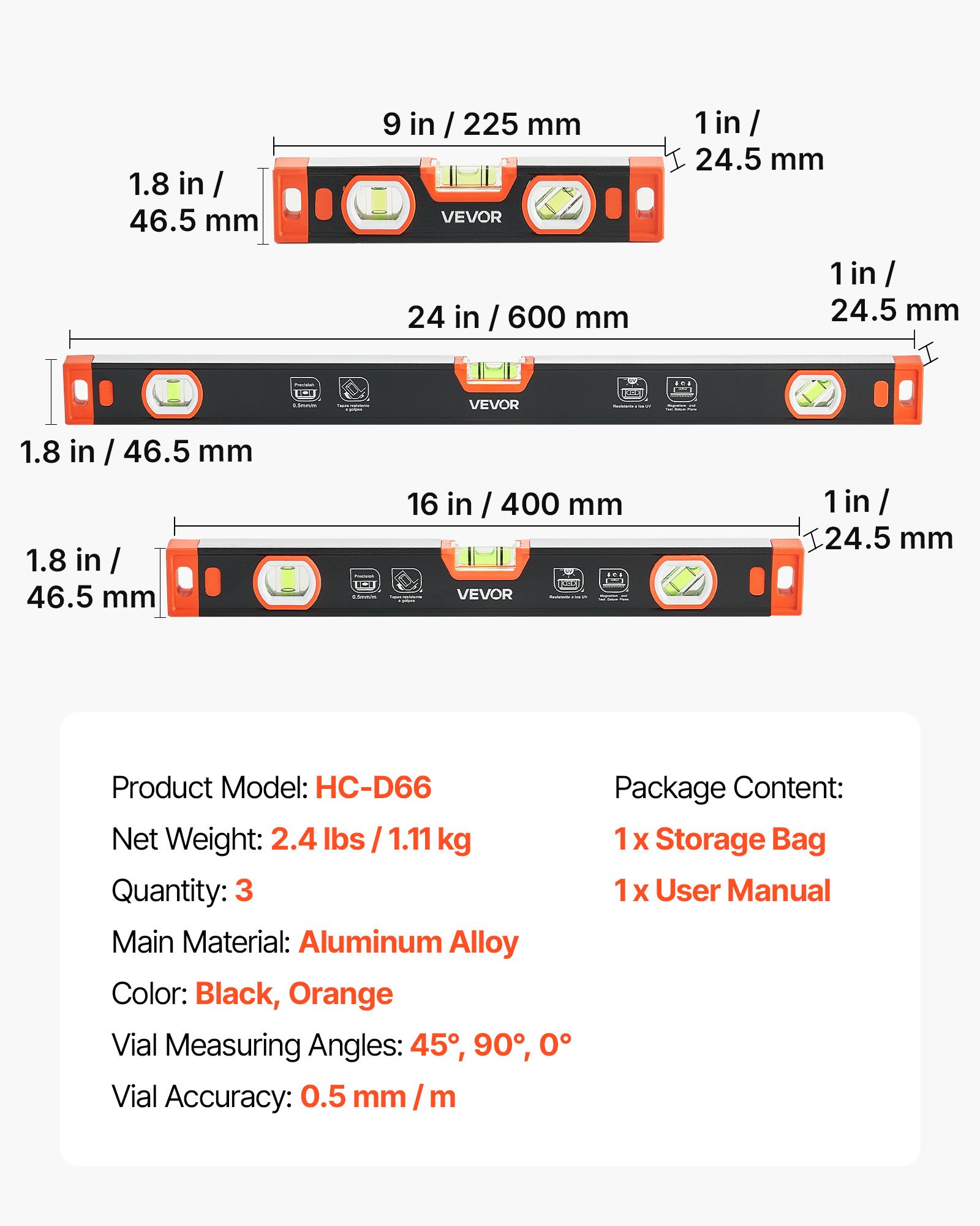VEVOR Torpedo Level, 3-Piece (225/400/600 mm), Magnetic Leveler Tool Set Aluminum Alloy, with Clear 3 Green Vials, V-Groove, Hanging Hole, Multi-angle Measurement for Construction Home Renovation