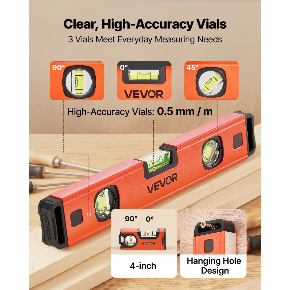 VEVOR Torpedo Level, 4-Piece (120/300/600/1000 mm), Magnetic Leveler Tool Set Aluminum Alloy, with Clear 3 Green Vials, Hanging Hole, Box Beam Multi-angle Measurement for Construction Home Renovation