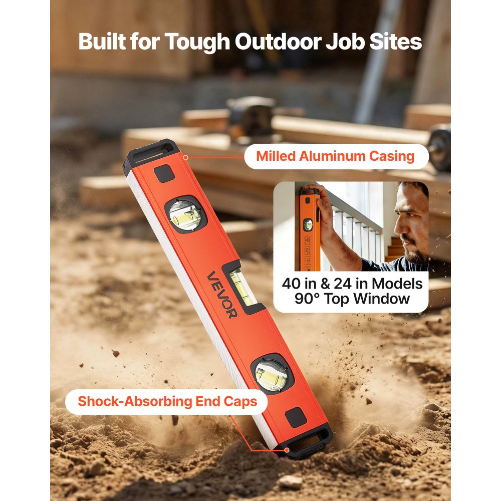 VEVOR Torpedo Level, 4-Piece (120/300/600/1000 mm), Magnetic Leveler Tool Set Aluminum Alloy, with Clear 3 Green Vials, Hanging Hole, Box Beam Multi-angle Measurement for Construction Home Renovation