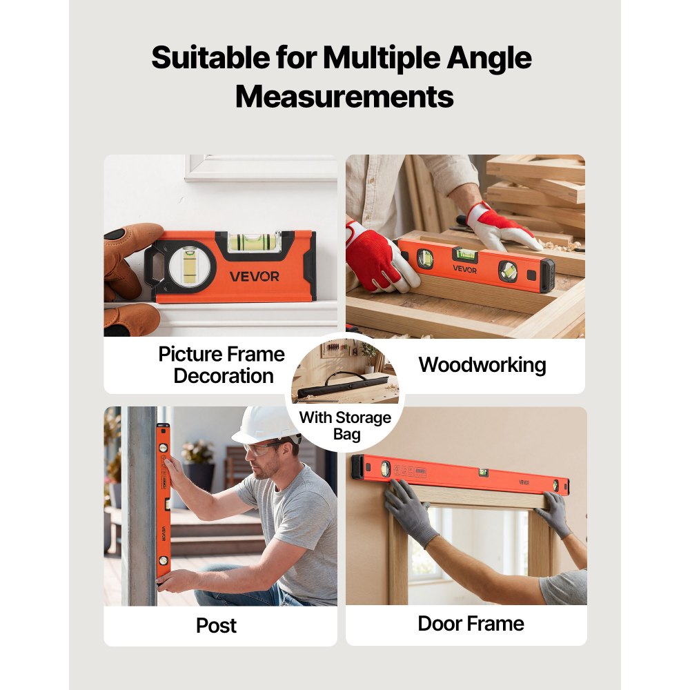 VEVOR Torpedo Level, 4-Piece (120/300/600/1000 mm), Magnetic Leveler Tool Set Aluminum Alloy, with Clear 3 Green Vials, Hanging Hole, Box Beam Multi-angle Measurement for Construction Home Renovation