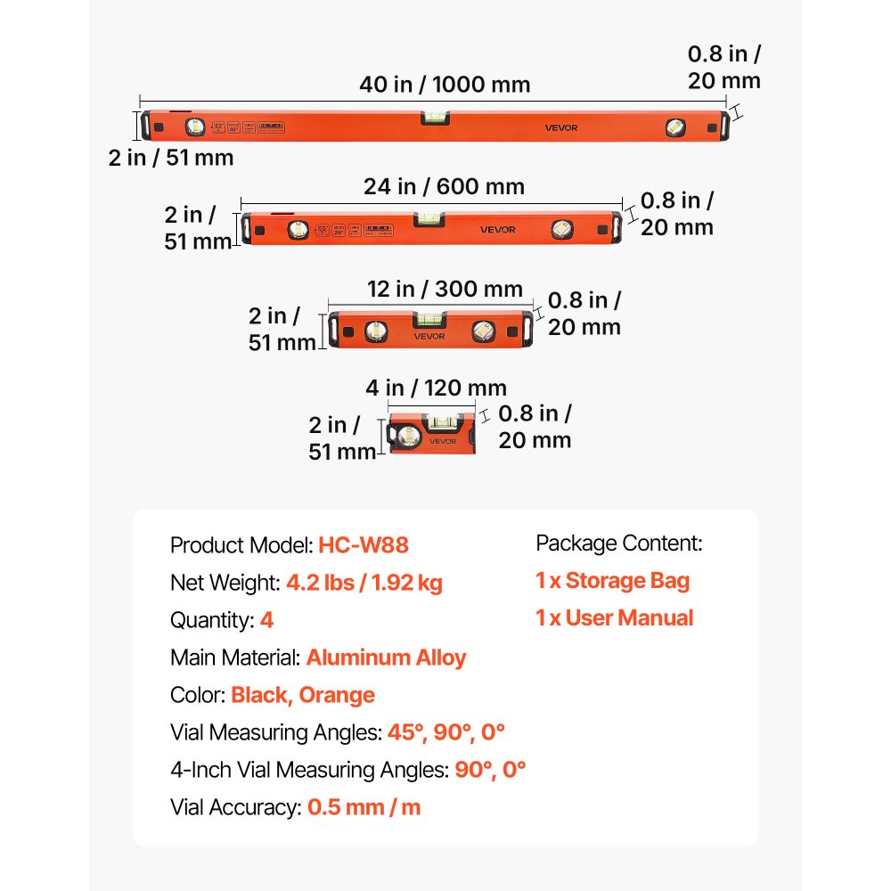 VEVOR Torpedo Level, 4-Piece (120/300/600/1000 mm), Magnetic Leveler Tool Set Aluminum Alloy, with Clear 3 Green Vials, Hanging Hole, Box Beam Multi-angle Measurement for Construction Home Renovation