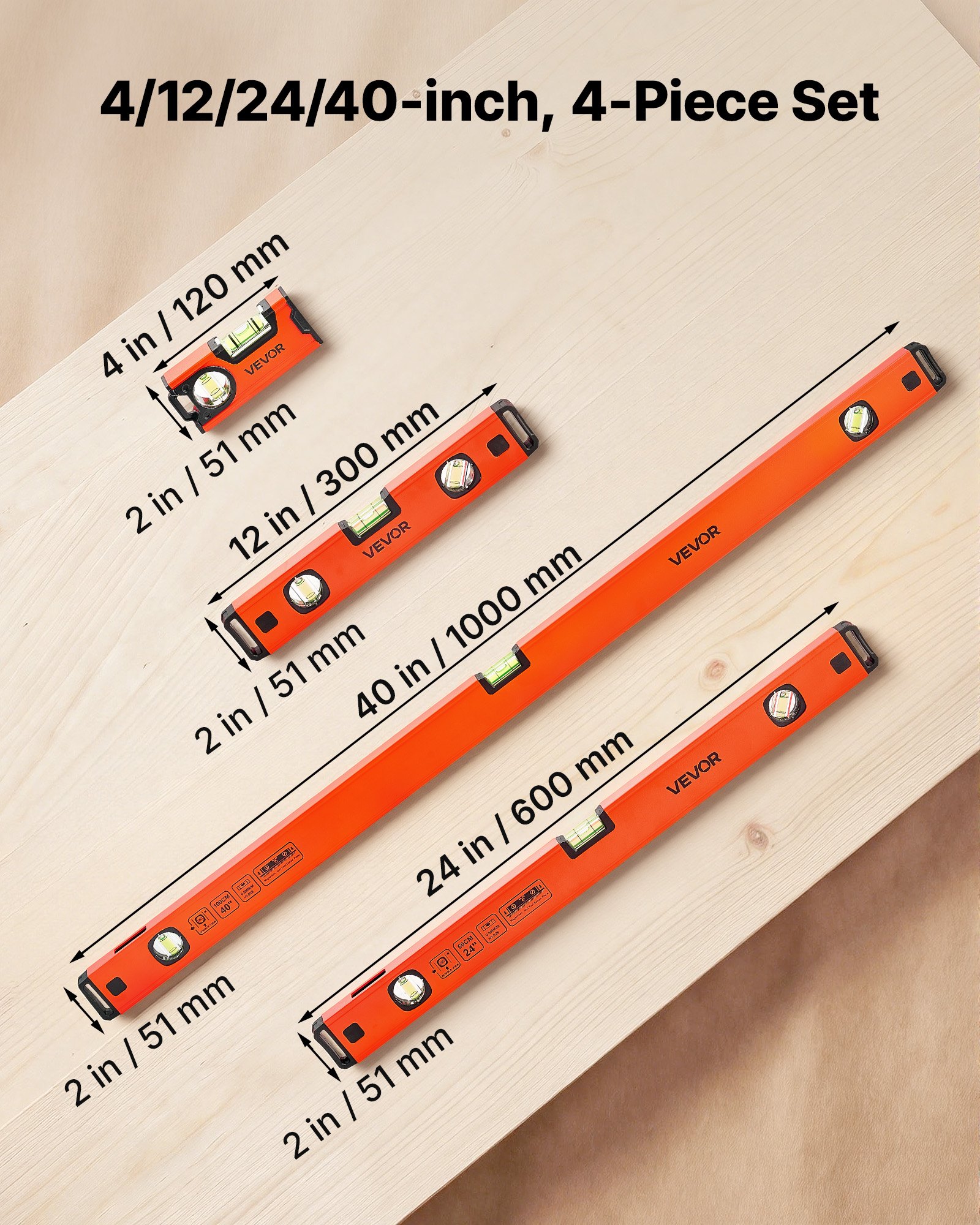 VEVOR Torpedo Level, 4-Piece (120/300/600/1000 mm), Magnetic Leveler Tool Set Aluminum Alloy, with Clear 3 Green Vials, Hanging Hole, Box Beam Multi-angle Measurement for Construction Home Renovation