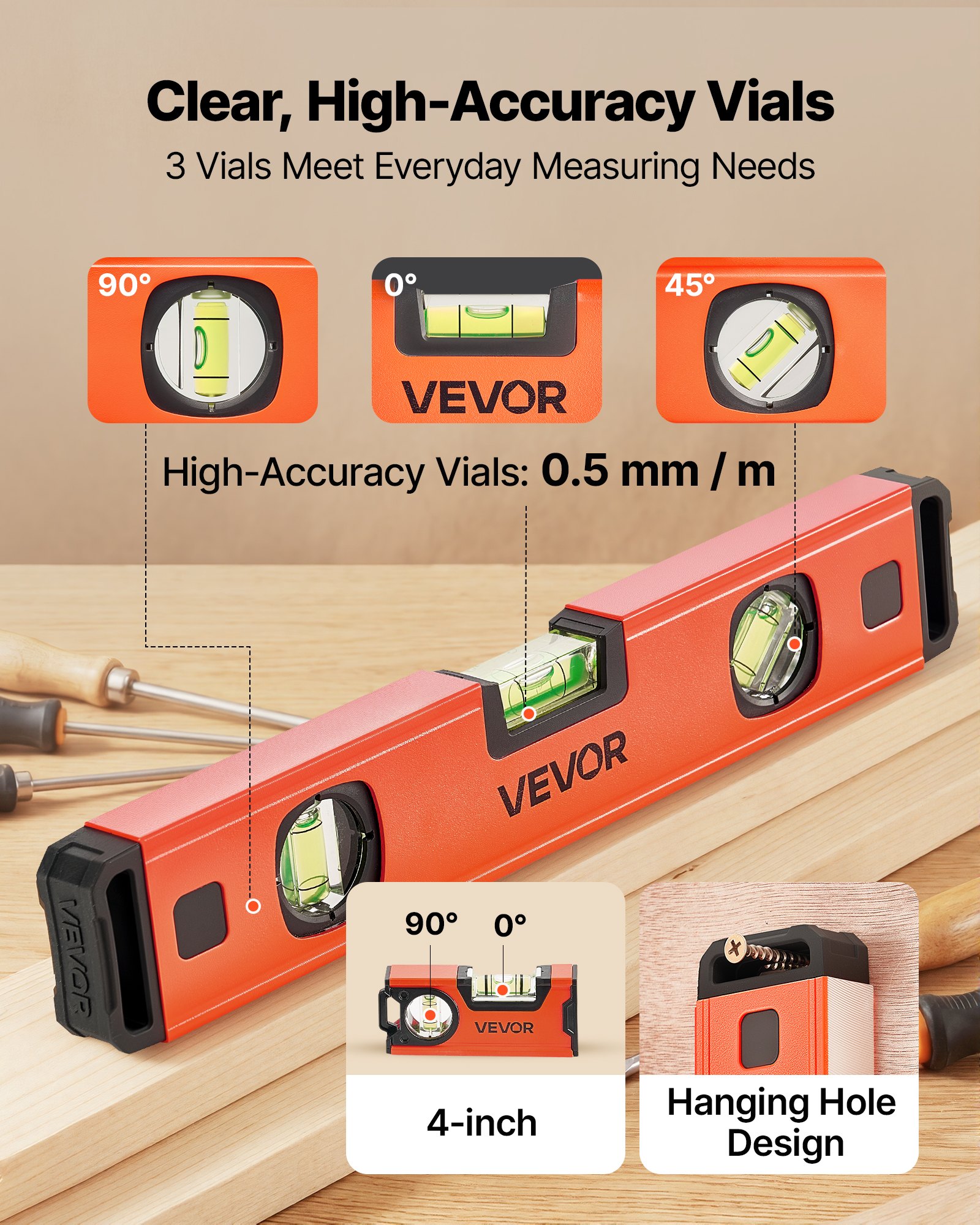 VEVOR Torpedo Level, 4-Piece (120/300/600/1000 mm), Magnetic Leveler Tool Set Aluminum Alloy, with Clear 3 Green Vials, Hanging Hole, Box Beam Multi-angle Measurement for Construction Home Renovation
