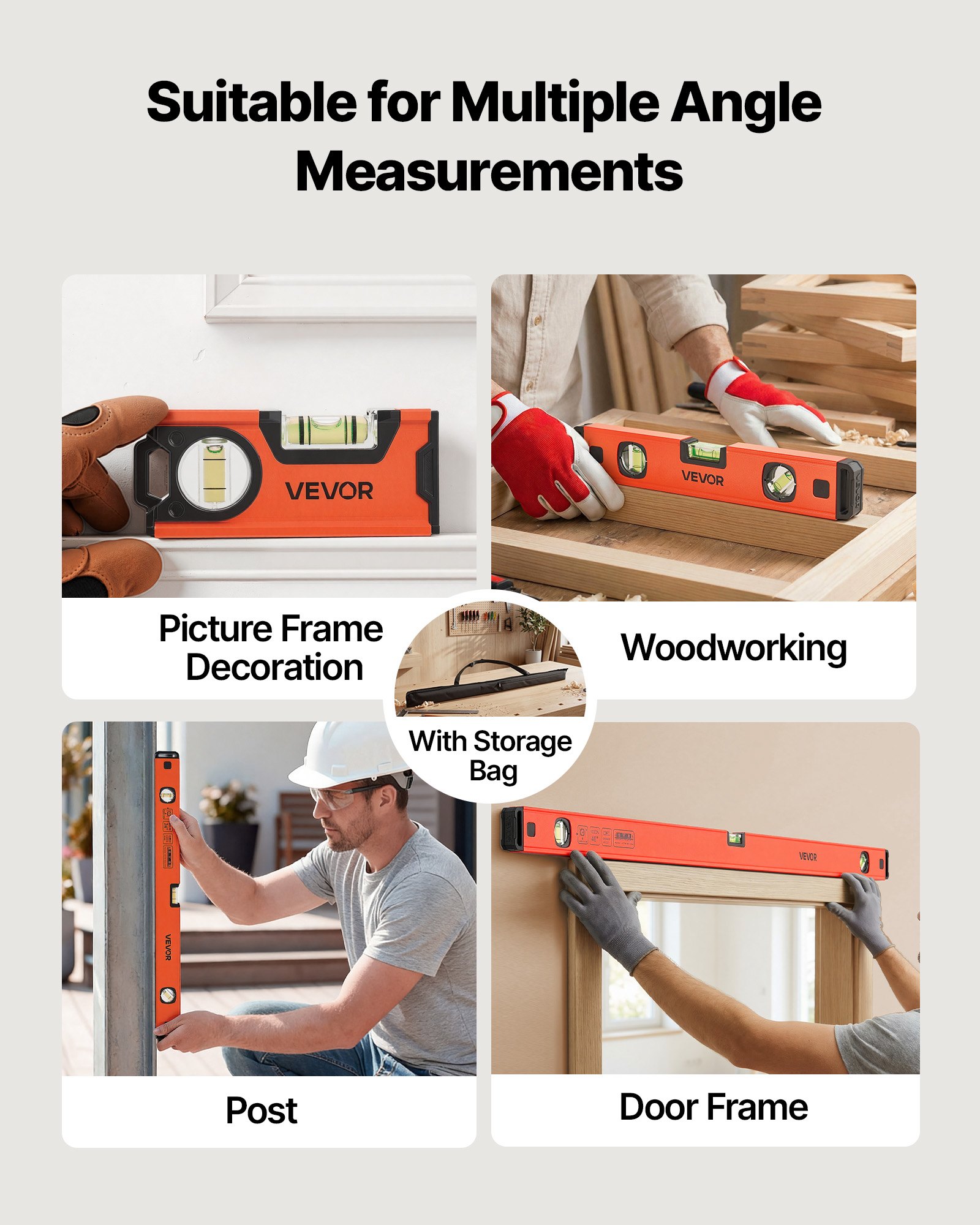 VEVOR Torpedo Level, 4-Piece (120/300/600/1000 mm), Magnetic Leveler Tool Set Aluminum Alloy, with Clear 3 Green Vials, Hanging Hole, Box Beam Multi-angle Measurement for Construction Home Renovation