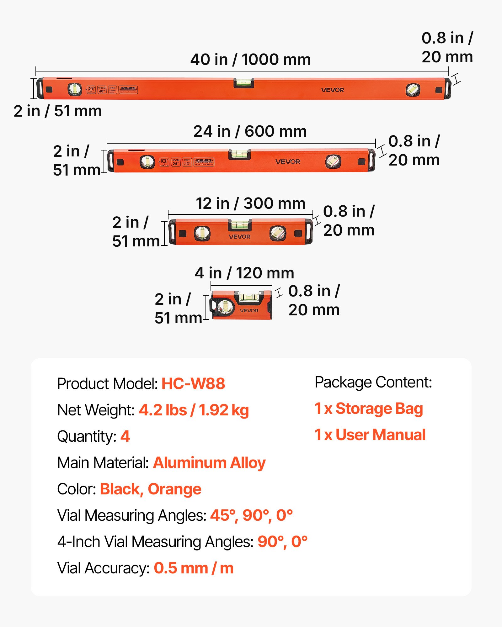VEVOR Torpedo Level, 4-Piece (120/300/600/1000 mm), Magnetic Leveler Tool Set Aluminum Alloy, with Clear 3 Green Vials, Hanging Hole, Box Beam Multi-angle Measurement for Construction Home Renovation