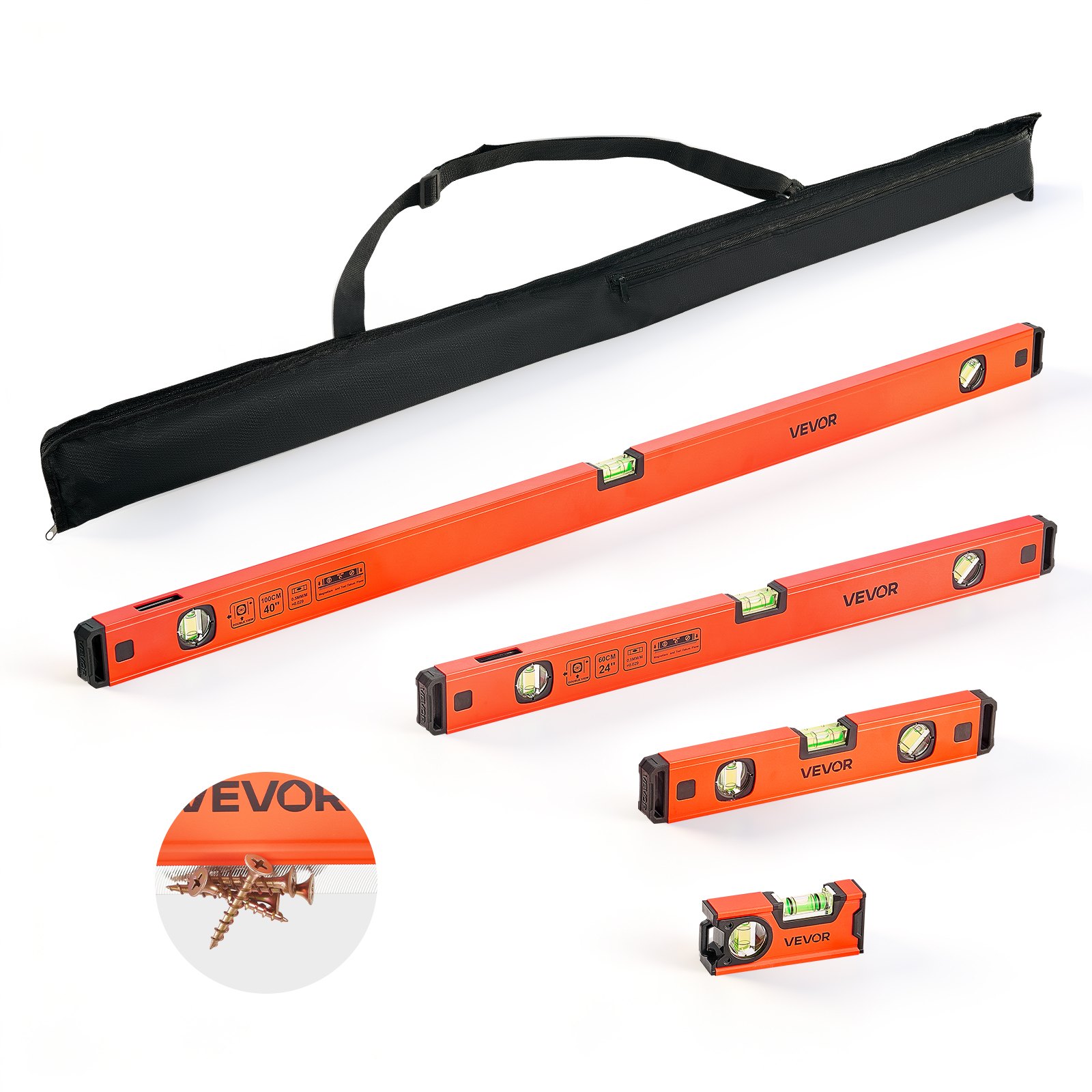 VEVOR Torpedo Level, 4-Piece (120/300/600/1000 mm), Magnetic Leveler Tool Set Aluminum Alloy, with Clear 3 Green Vials, Hanging Hole, Box Beam Multi-angle Measurement for Construction Home Renovation