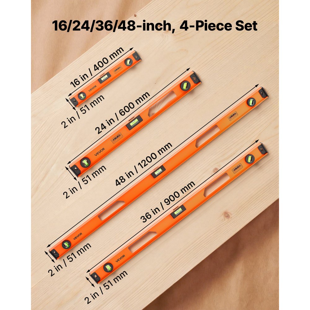 VEVOR Magnetic Level Set, 4-Piece (400/600/900/1200 mm), Aluminum Alloy I-Beam Bubble Leveler with Clear 3 Green Vials & Hanging Hole, Level Tool Ideal for Hanging Pictures, Home Improvement & DIY