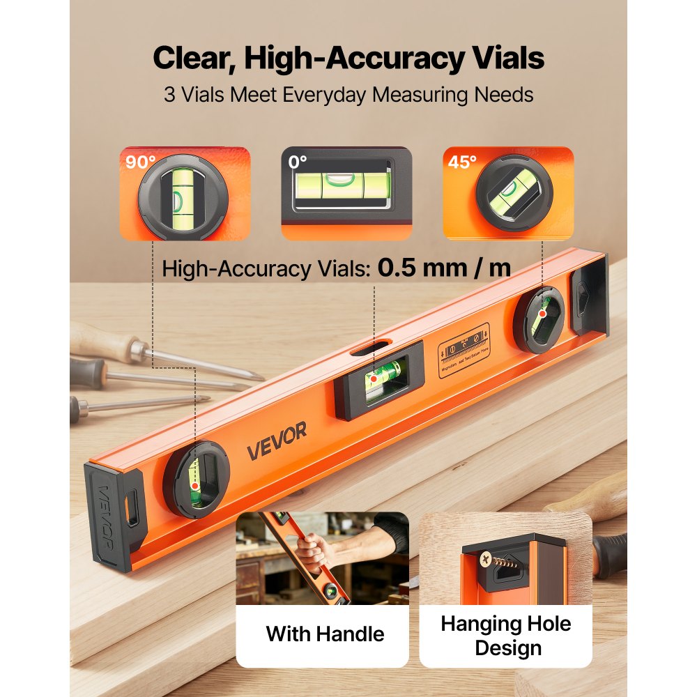 VEVOR Magnetic Level Set, 4-Piece (400/600/900/1200 mm), Aluminum Alloy I-Beam Bubble Leveler with Clear 3 Green Vials & Hanging Hole, Level Tool Ideal for Hanging Pictures, Home Improvement & DIY