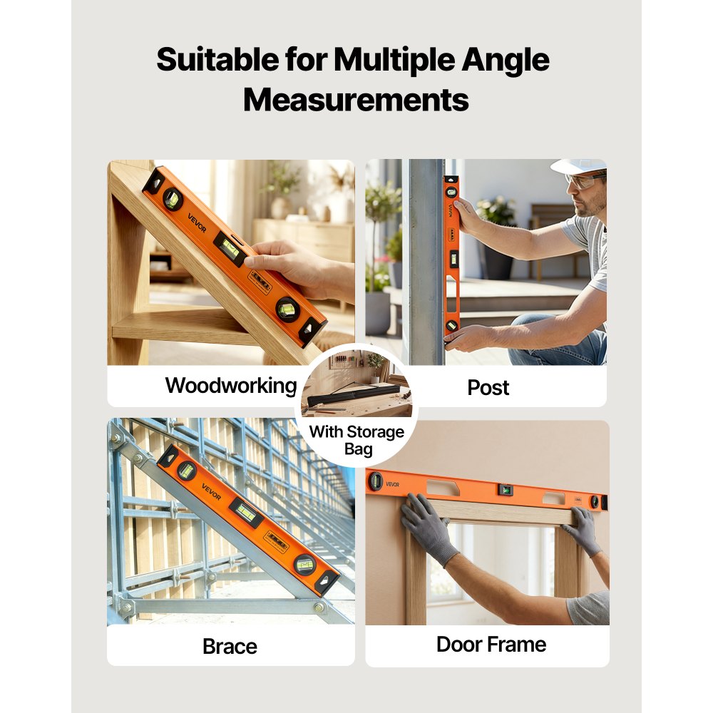 VEVOR Magnetic Level Set, 4-Piece (400/600/900/1200 mm), Aluminum Alloy I-Beam Bubble Leveler with Clear 3 Green Vials & Hanging Hole, Level Tool Ideal for Hanging Pictures, Home Improvement & DIY