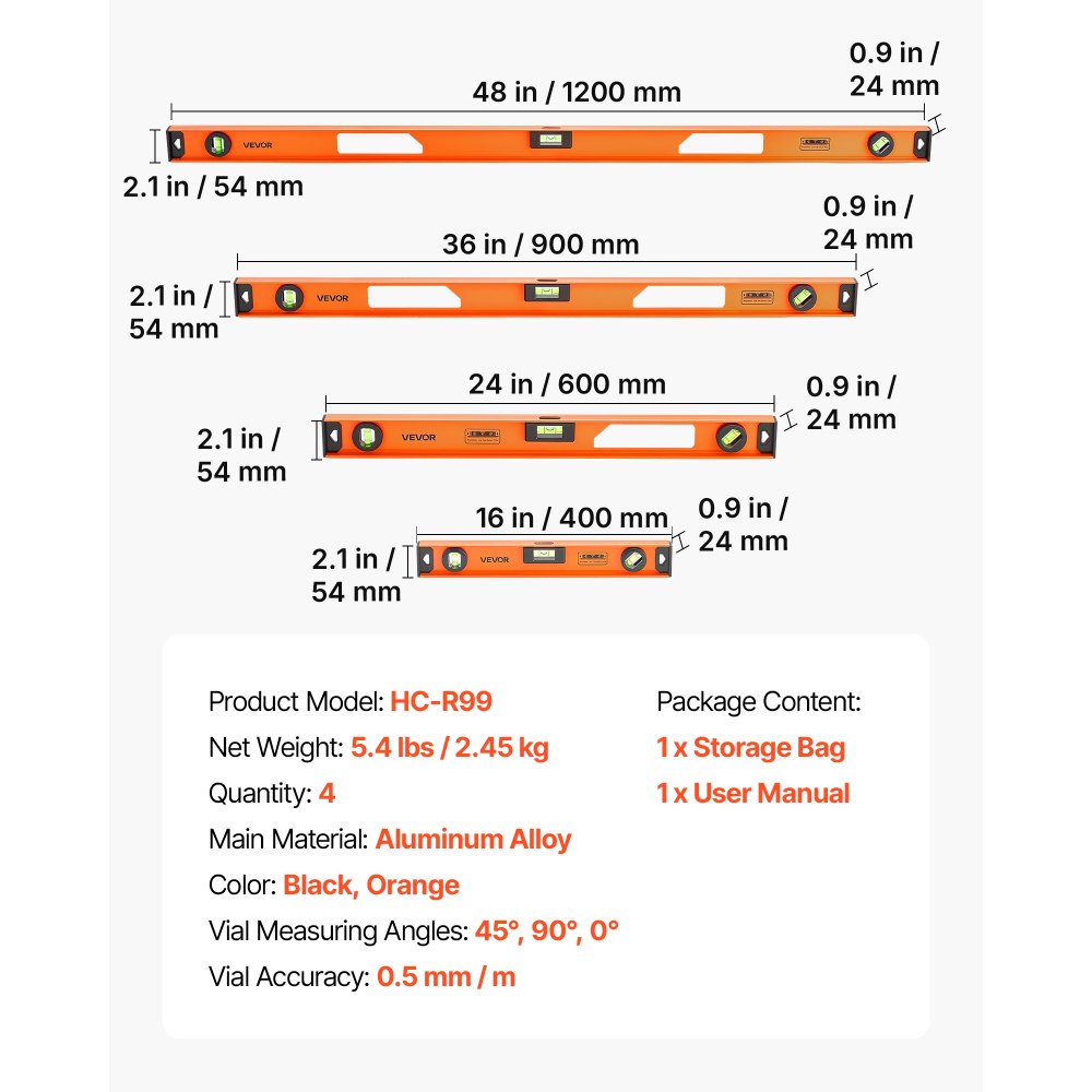 VEVOR Magnetic Level Set, 4-Piece (400/600/900/1200 mm), Aluminum Alloy I-Beam Bubble Leveler with Clear 3 Green Vials & Hanging Hole, Level Tool Ideal for Hanging Pictures, Home Improvement & DIY