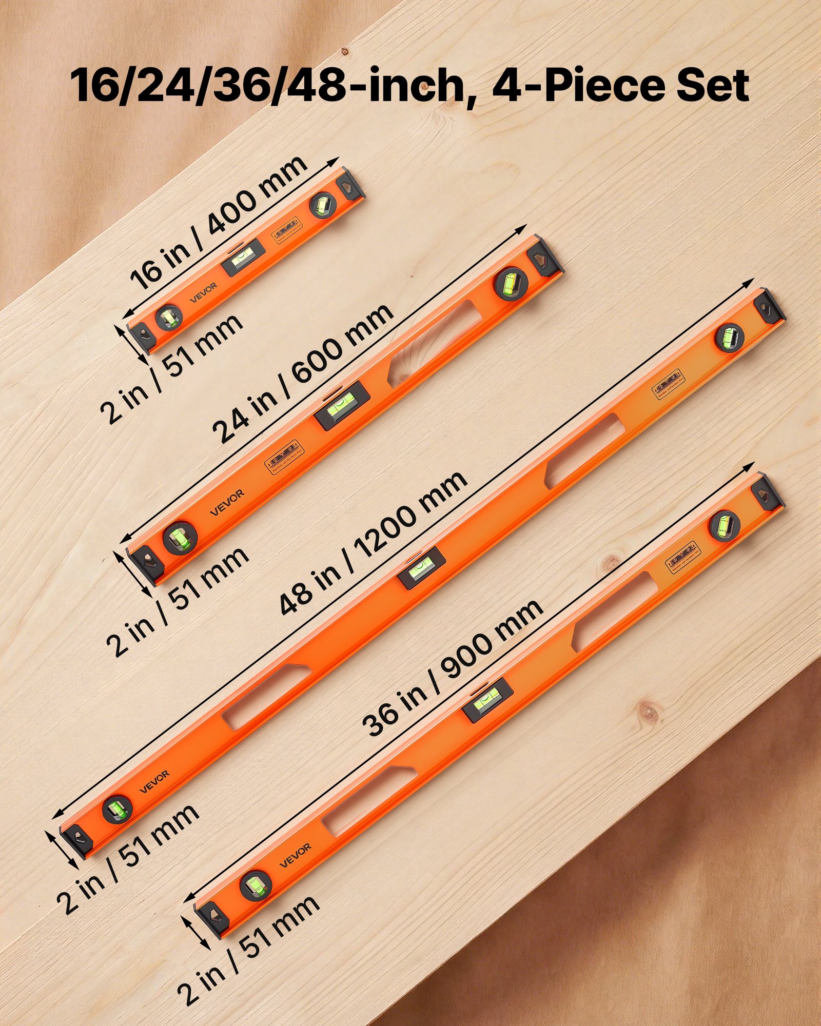 VEVOR Magnetic Level Set, 4-Piece (400/600/900/1200 mm), Aluminum Alloy I-Beam Bubble Leveler with Clear 3 Green Vials & Hanging Hole, Level Tool Ideal for Hanging Pictures, Home Improvement & DIY