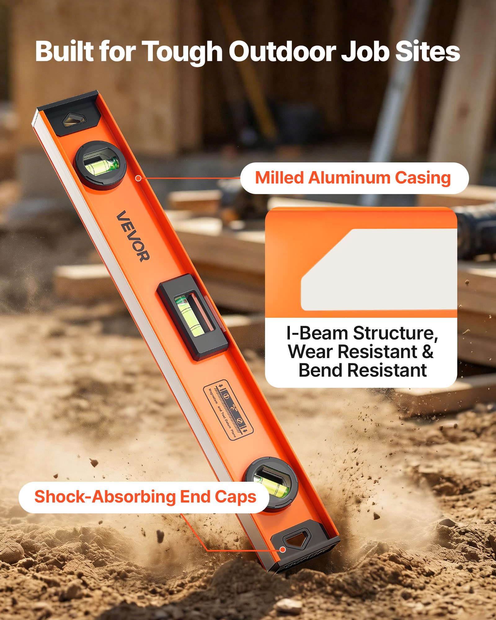 VEVOR Magnetic Level Set, 4-Piece (400/600/900/1200 mm), Aluminum Alloy I-Beam Bubble Leveler with Clear 3 Green Vials & Hanging Hole, Level Tool Ideal for Hanging Pictures, Home Improvement & DIY