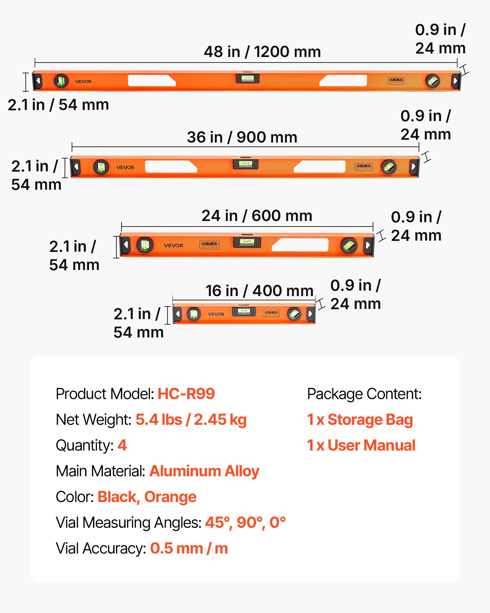 VEVOR Magnetic Level Set, 4-Piece (400/600/900/1200 mm), Aluminum Alloy I-Beam Bubble Leveler with Clear 3 Green Vials & Hanging Hole, Level Tool Ideal for Hanging Pictures, Home Improvement & DIY