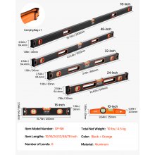 6-Piece Torpedo Level 78/48/32/24/16/10 In Aluminum Alloy Body with Bubble Vials