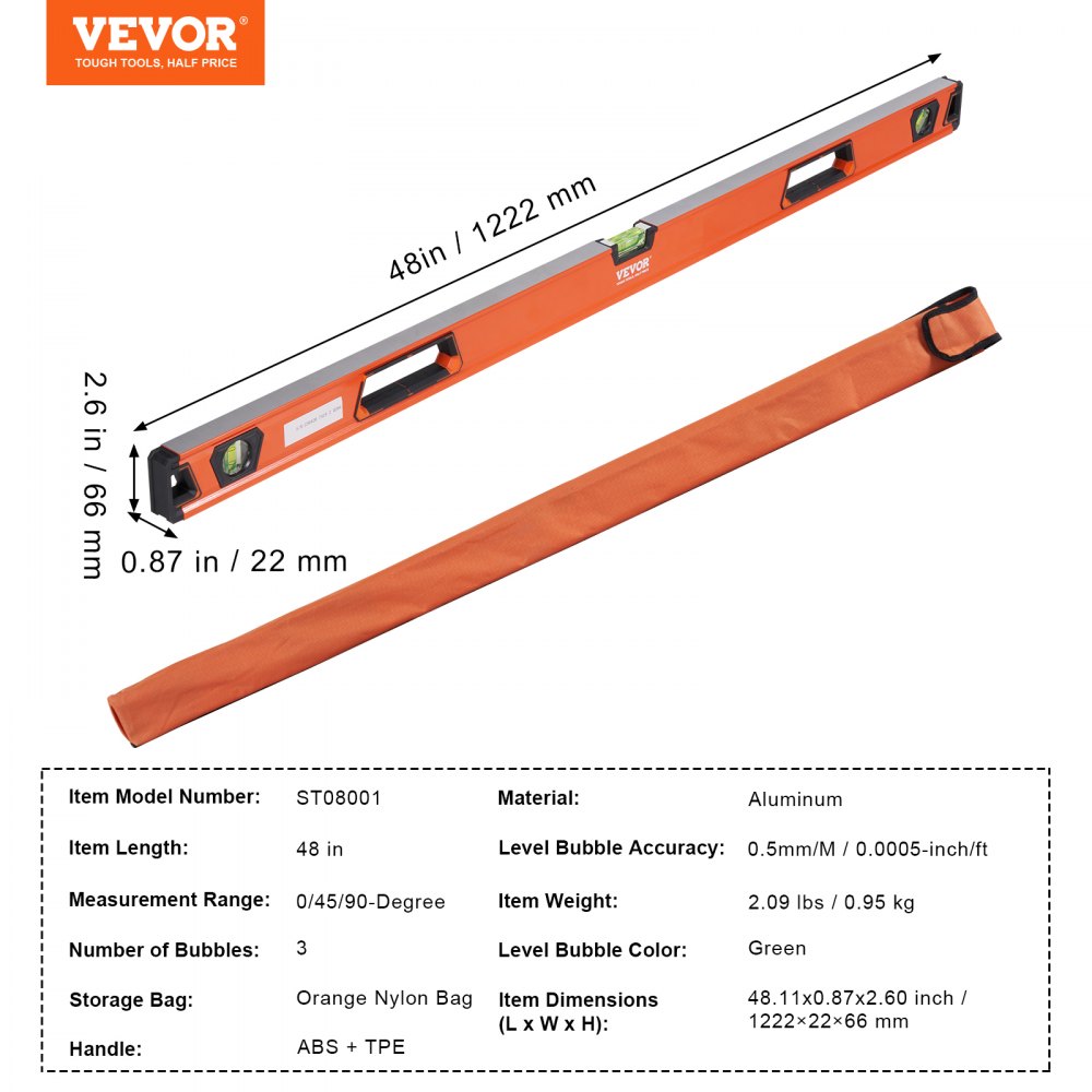 Magnetická torpédová vodováha VEVOR, 48 palců, mechanické pravítko s bublinkami pro 45/90/180 stupňů, nástroj na vyrovnávání hliníkové slitiny s průhledovým okénkem, odolný proti otřesům pro měření potrubí, dřevo