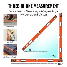 VEVOR Magnetic Torpedo Level, 48 in, Mechanical Bubble Vials Ruler for 45/90/180 Degree, Aluminum Alloy Leveler Tool w/ Viewing Window, Shock-Resistant for Measuring Plumbing, Wood