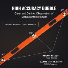 VEVOR Magnetic Torpedo Level, 48 in, Mechanical Bubble Vials Ruler for 45/90/180 Degree, Aluminum Alloy Leveler Tool w/ Viewing Window, Shock-Resistant for Measuring Plumbing, Wood