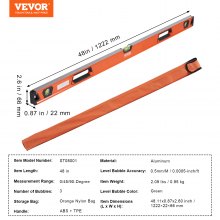 VEVOR Magnetic Torpedo Level, 48 in, Mechanical Bubble Vials Ruler for 45/90/180 Degree, Aluminum Alloy Leveler Tool w/ Viewing Window, Shock-Resistant for Measuring Plumbing, Wood