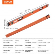 VEVOR Magnetic Torped Level, 48 tum, Mekanisk Bubble Vials Linjal för 45/90/180 grader, Aluminiumlegering Leveler Tool med visningsfönster, Stöttålig för mätning av VVS, Trä