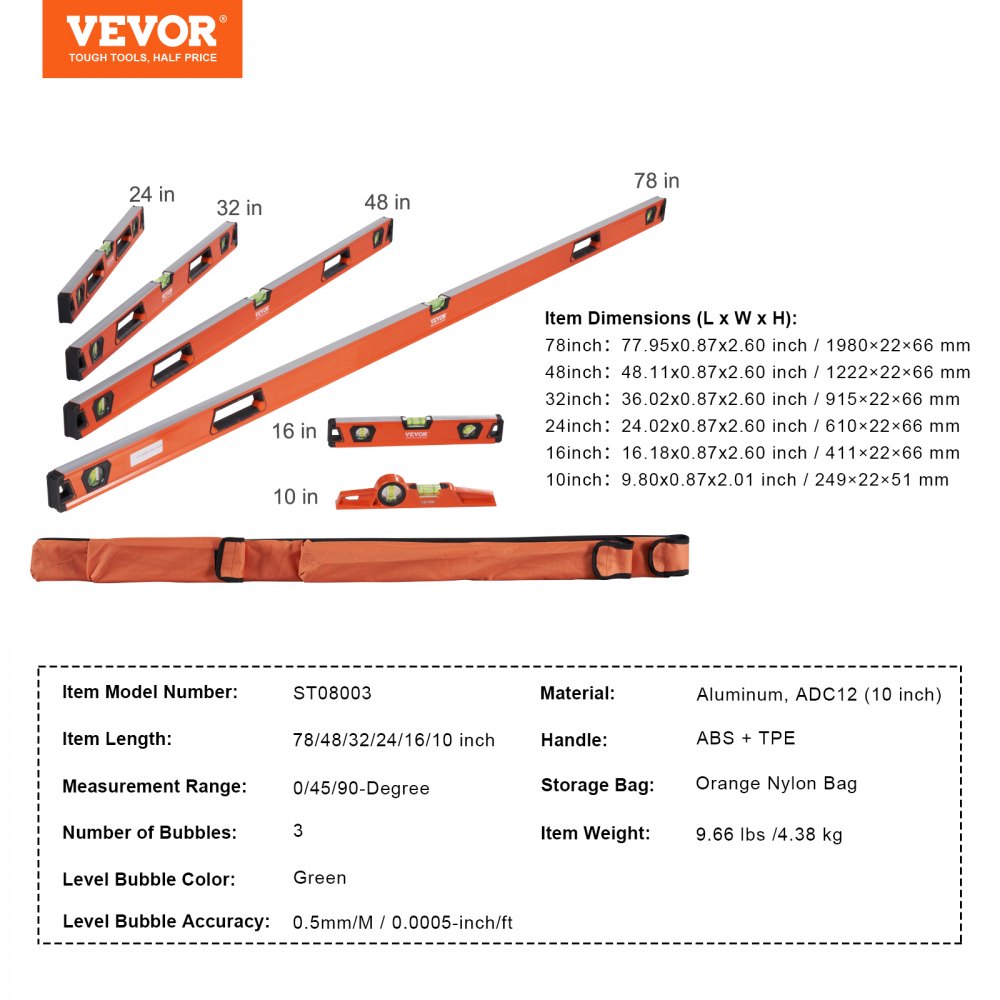 VEVOR magnetic torpedo level set with various sizes, green bubbles, and dimensions list.