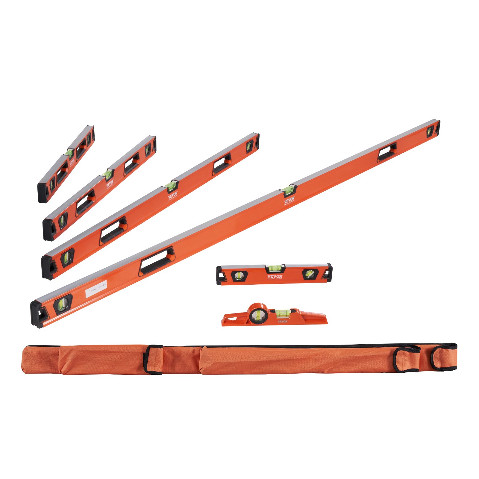 VEVOR magnetic torpedo level set with carrying case, featuring multiple sizes in bright orange.