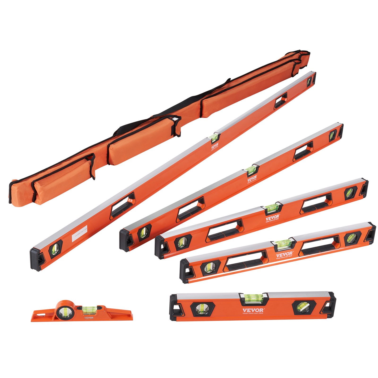 VEVOR magnetic torpedo level set with various size levels and an orange carrying case.