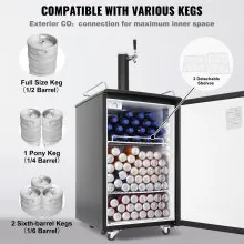 VEVOR Beer Kegerator, Single Tap Draft Beer Dispenser, Full Size Keg Refrigerator With Shelves, CO2 Cylinder, Drip Tray & Rail, 32°F- 50°F Temperature Control, Holds 1/6, 1/4, 1/2 Barrels, Black