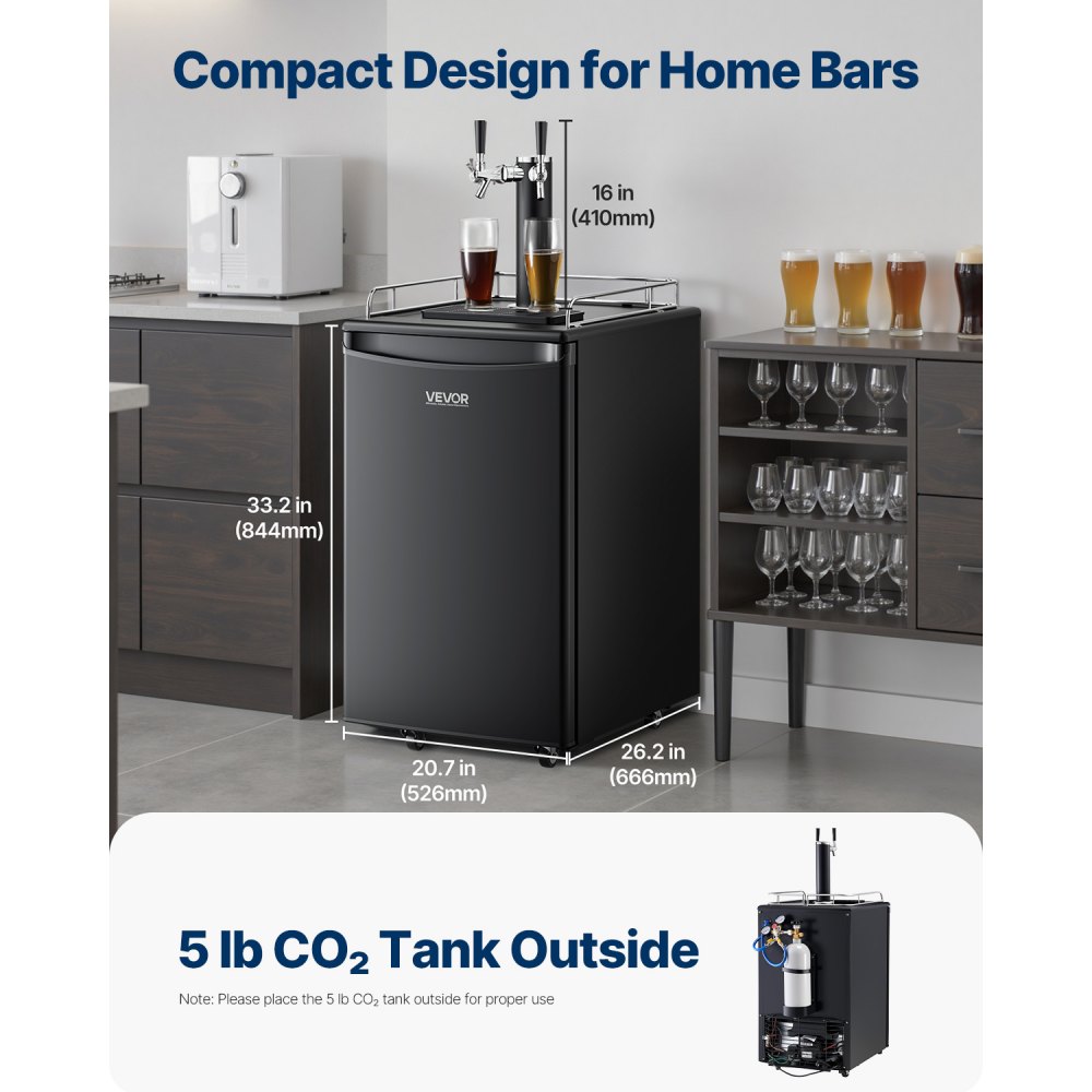 VEVOR Beer Kegerator, Dual Tap Draft Beer Dispenser, Full Size Keg Refrigerator with CO2 Cylinder, Shelves, Drip Tray & Rail, 32°F- 50°F Temperature Control, Hold 1/6, 1/4, 1/2 Barrels, Black