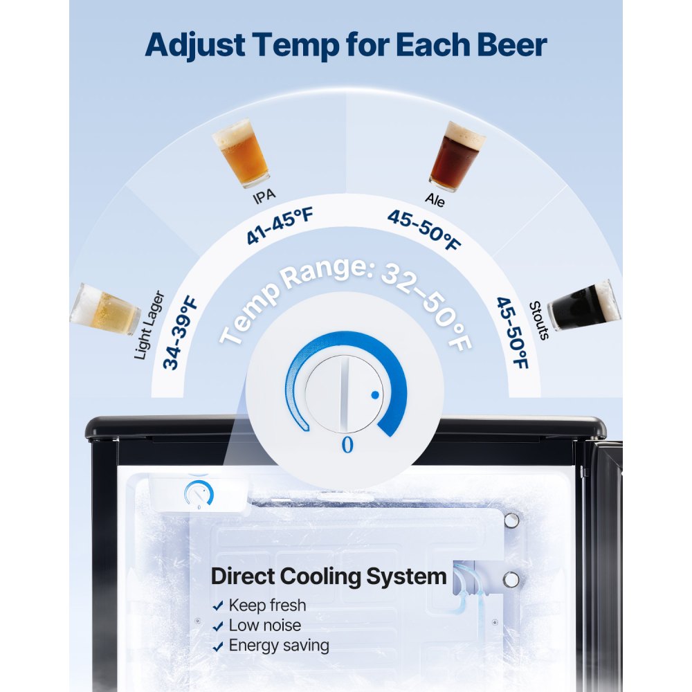 VEVOR Beer Kegerator, Dual Tap Draft Beer Dispenser, Full Size Keg Refrigerator with CO2 Cylinder, Shelves, Drip Tray & Rail, 32°F- 50°F Temperature Control, Hold 1/6, 1/4, 1/2 Barrels, Black
