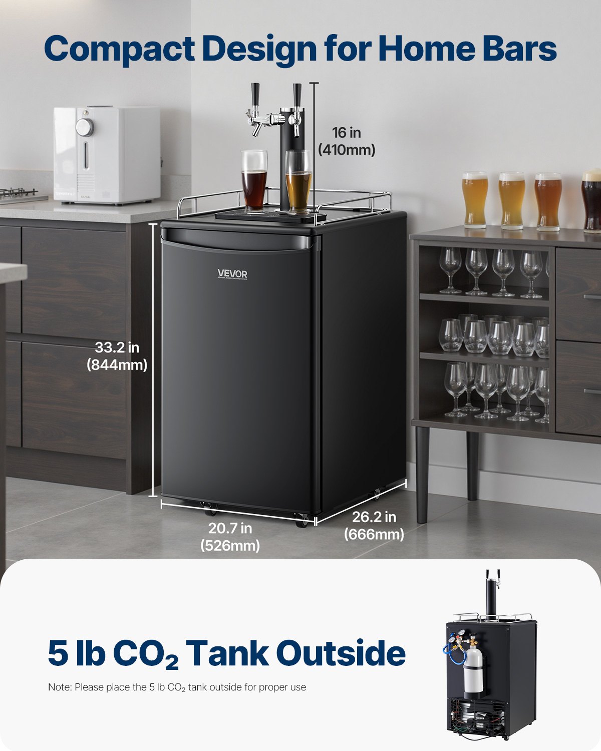 VEVOR Beer Kegerator, Dual Tap Draft Beer Dispenser, Full Size Keg Refrigerator with CO2 Cylinder, Shelves, Drip Tray & Rail, 32°F- 50°F Temperature Control, Hold 1/6, 1/4, 1/2 Barrels, Black