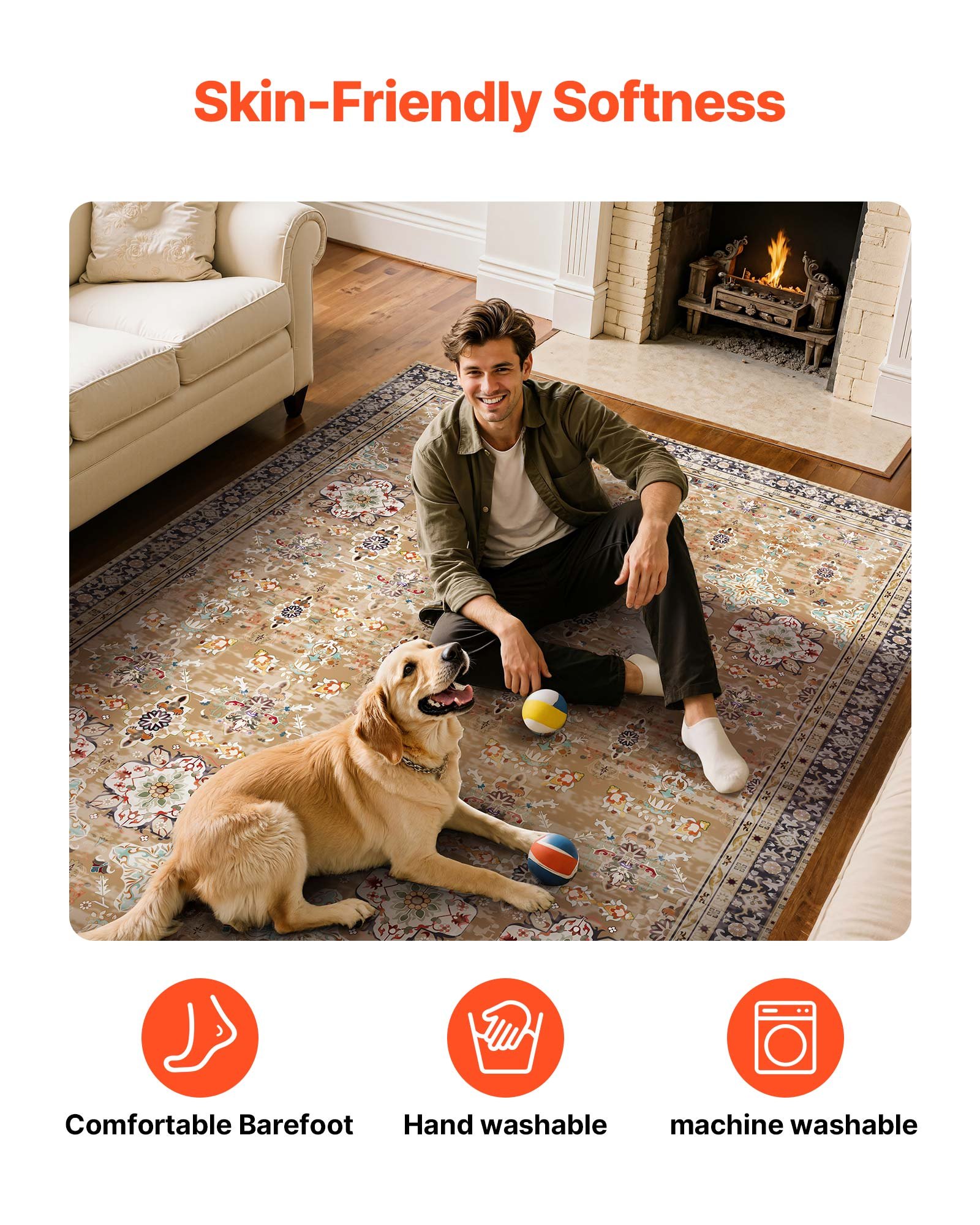 VEVOR Area Rug, 9 x 12 ft Large Washable Rug, Non-Slip and Tear-Resistant Soft Carpet, Pet Friendly Vintage Area Rugs, Indoor Mat for Bedroom, Living Room, Office, Brown Green