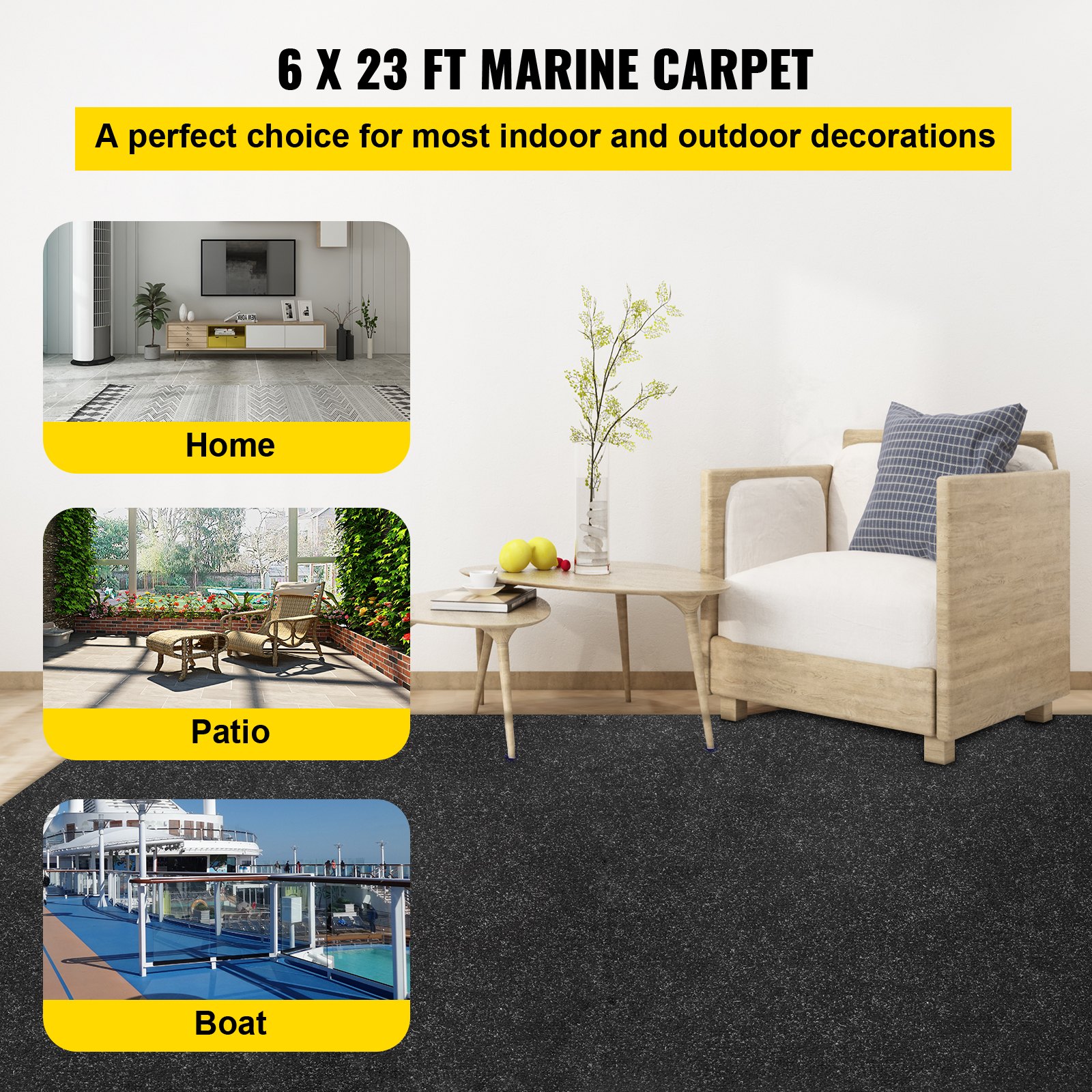 VEVOR Boat Carpet Marine Carpet 6x23' Indoor Outdoor Carpet Rug Anti-Slide Black