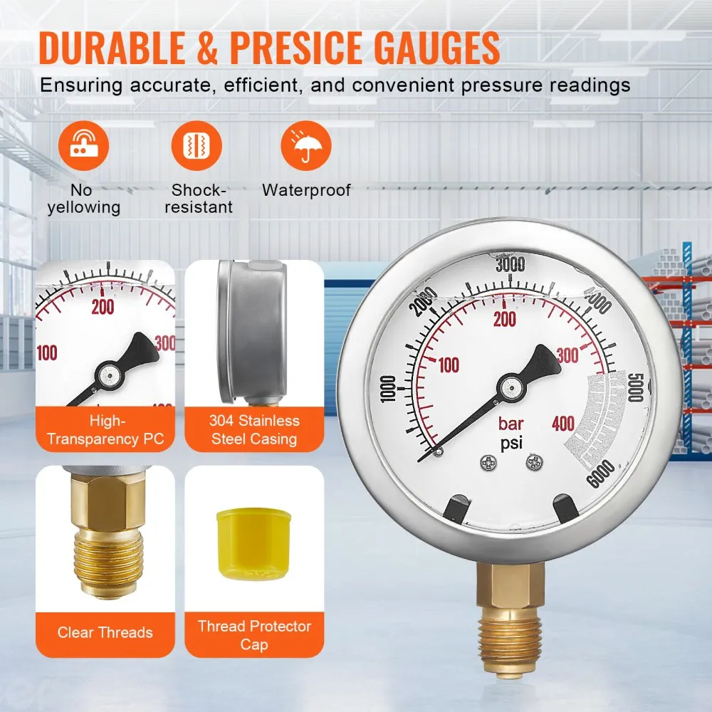 durable VEVOR hydraulic pressure test kit gauge with clear readings, waterproof, shock-resistant, and more.