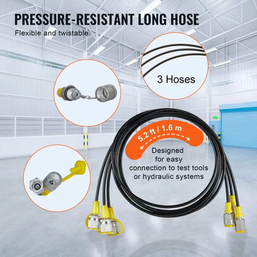 VEVOR hydraulic pressure test kit with 3 long hoses, 5.2 ft each, flexible and twistable for testing.