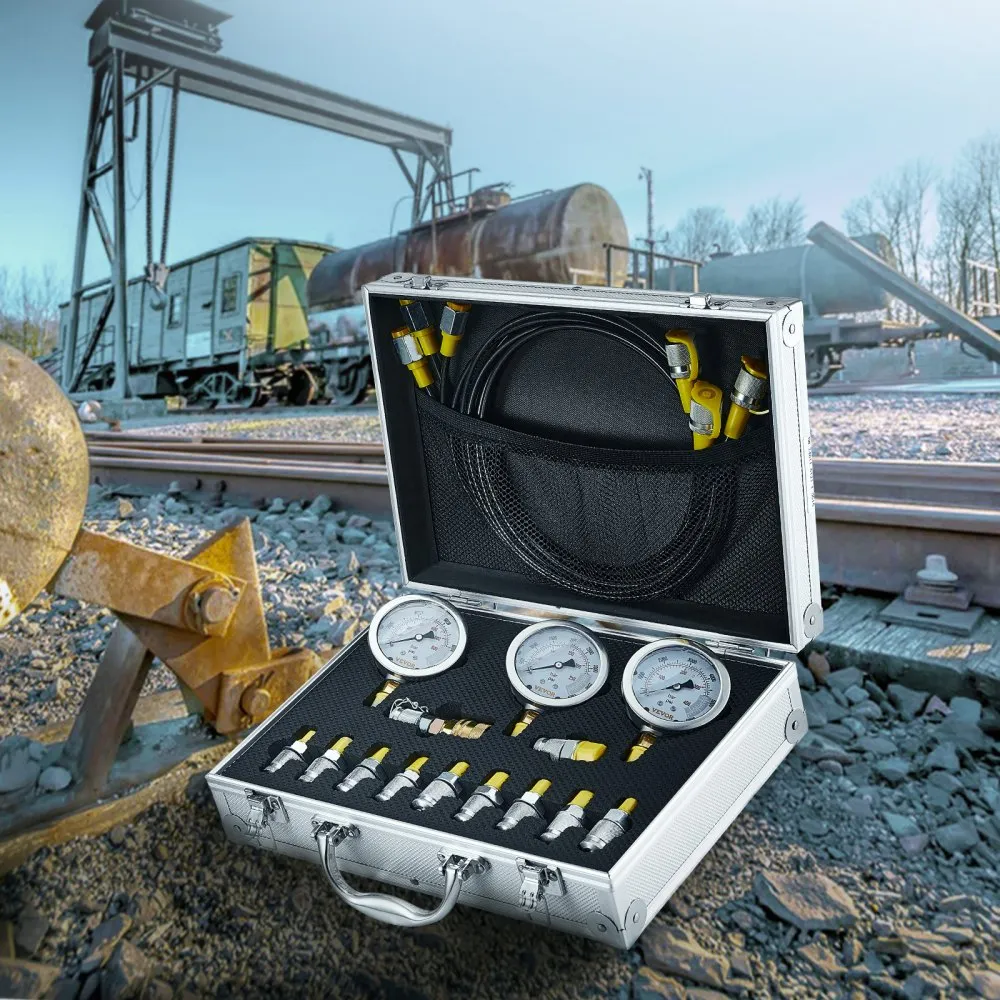 VEVOR hydraulic pressure test kit in an open case by a railway track with gauges and connectors displayed.