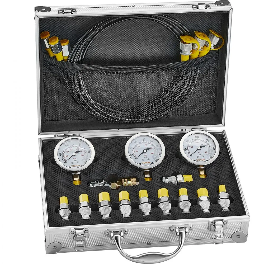 VEVOR hydraulic pressure test kit in a silver case with gauges, hoses, and fittings neatly arranged.