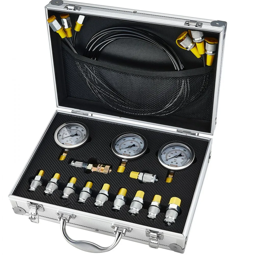 VEVOR hydraulic pressure test kit in a protective case with gauges, hoses, and fittings.