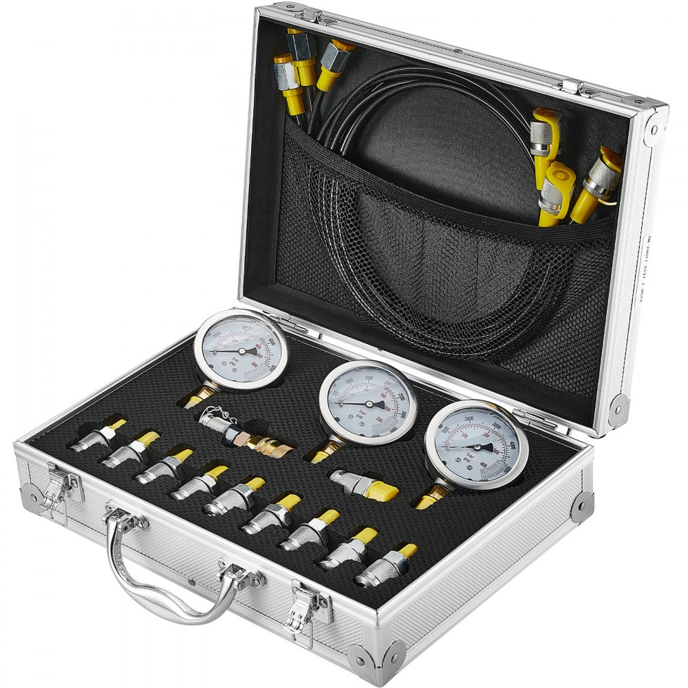 VEVOR hydraulic pressure test kit in an open silver case with gauges, hoses, and fittings organized inside.