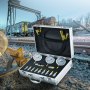 VEVOR hydraulic pressure test kit in an open case by a railway track with gauges and connectors displayed.