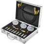 VEVOR hydraulic pressure test kit in an open silver case with gauges, hoses, and fittings organized inside.
